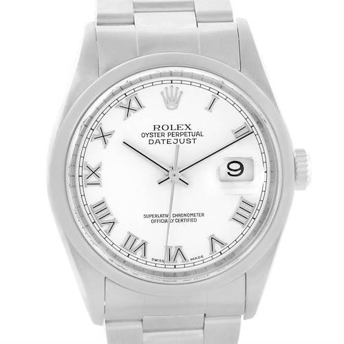 This image shows a front view of the Rolex Datejust 16200 Men's Stainless Steel White Dial 16200 Men's Stainless Steel White Dial watch, featuring a white dial with Roman numerals and the date indicator.