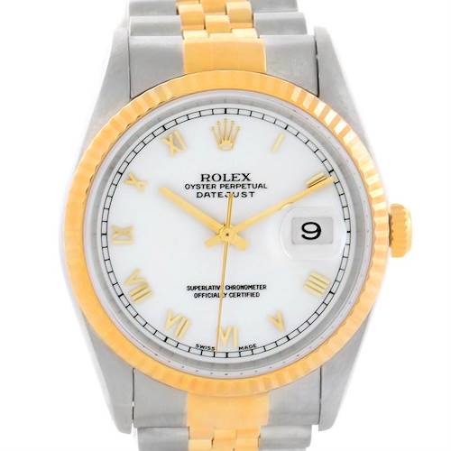 The Rolex Datejust 16233 Men's Steel and Gold (two tone) White Dial 16233 Men's Steel and Gold (two tone) White Dial watch is shown from the front, highlighting its dial, bezel, crown, and two-tone bracelet.