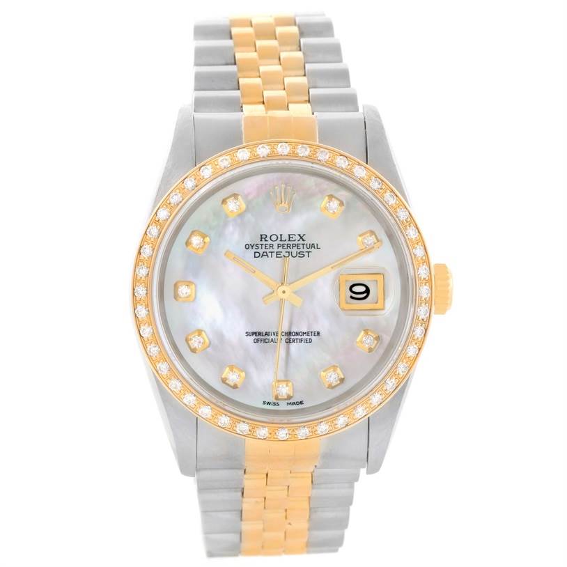 The Rolex Datejust 16233 Men's Steel and Gold (two tone) Mother of Pearl Dial 16233 Men's Steel and Gold (two tone) Mother of Pearl Dial watch is shown from a front angle, highlighting the dial, bezel, and bracelet.