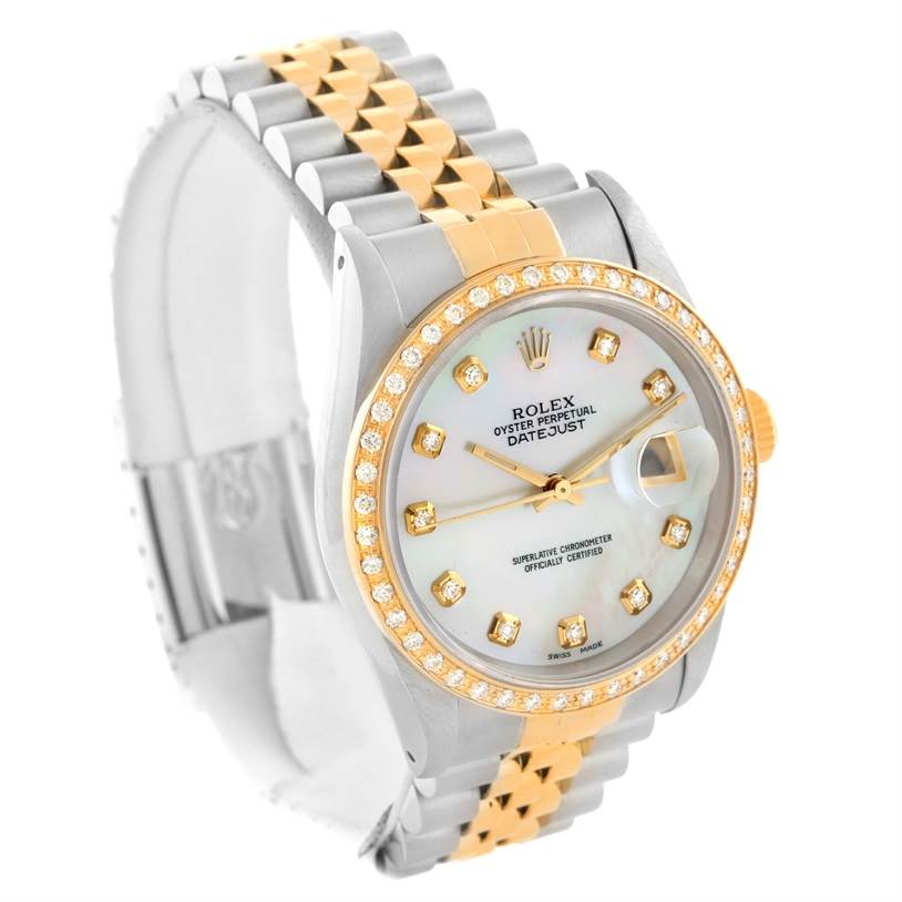 The Rolex Datejust 16233 Men's Steel and Gold (two tone) Mother of Pearl Dial 16233 Men's Steel and Gold (two tone) Mother of Pearl Dial watch is shown at a three-quarter angle, displaying its face, bezel, and bracelet.
