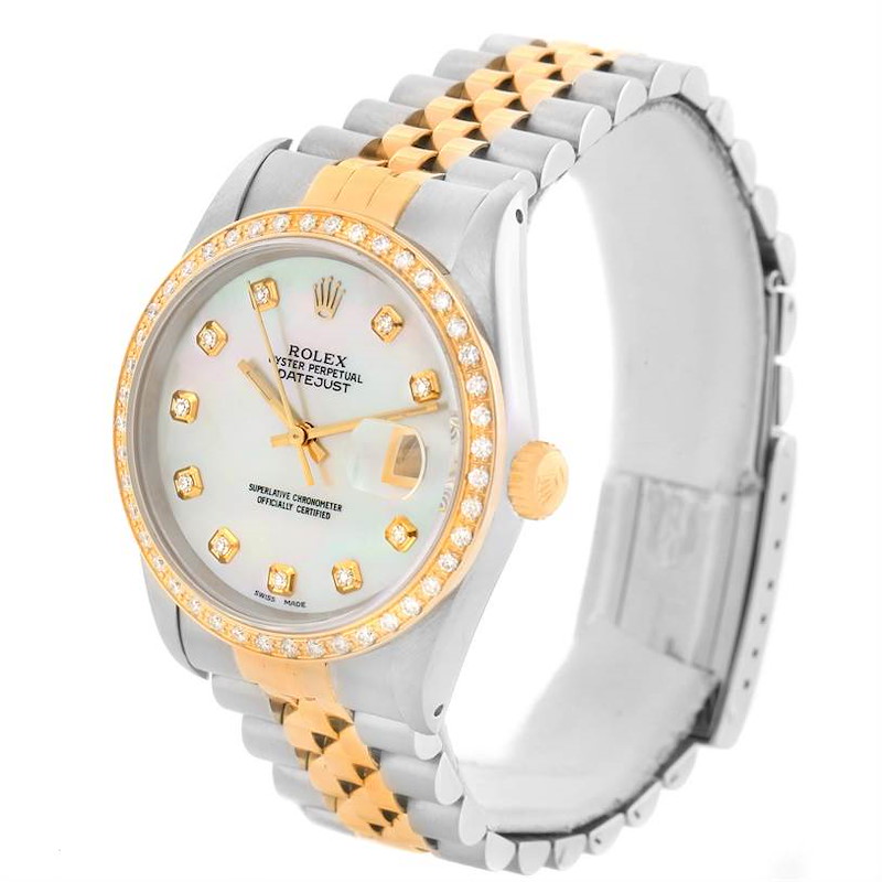 The image shows a Rolex Datejust 16233 Men's Steel and Gold (two tone) Mother of Pearl Dial 16233 Men's Steel and Gold (two tone) Mother of Pearl Dial watch at a three-quarter angle, highlighting the face, dial, bezel, crown, and bracelet.