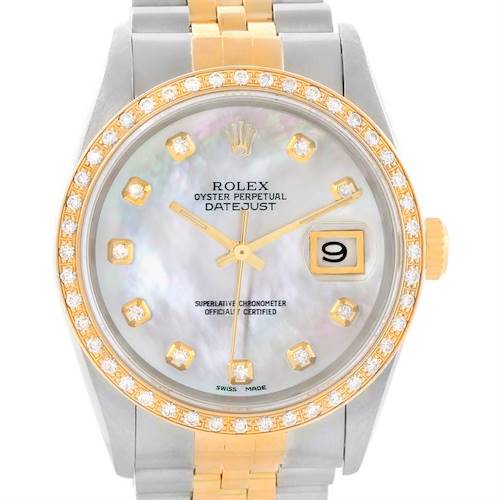 The image shows a front view of a Rolex Datejust 16233 Men's Steel and Gold (two tone) Mother of Pearl Dial 16233 Men's Steel and Gold (two tone) Mother of Pearl Dial watch, displaying the dial, bezel, crown, and part of the bracelet.