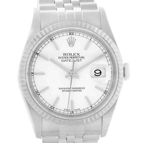 This is a close-up view of the Rolex Datejust 16234 Men's Stainless Steel White Dial 16234 Men's Stainless Steel White Dial watch's face, displaying the time, date, and bracelet.