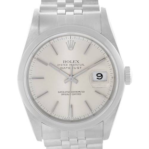 The image shows a front view of a Rolex Datejust 16200 Men's Stainless Steel Silver Dial 16200 Men's Stainless Steel Silver Dial watch, highlighting the dial, hands, date window, and part of the bracelet.