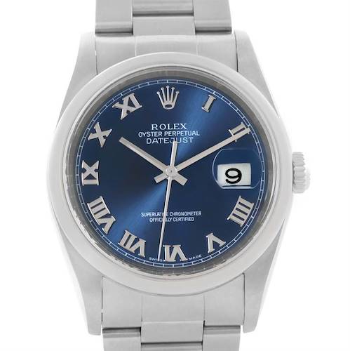 This image shows a front view of a Rolex Datejust 16200 Men's Stainless Steel Blue Dial 16200 Men's Stainless Steel Blue Dial watch highlighting the face, hour markers, date window, and bracelet.