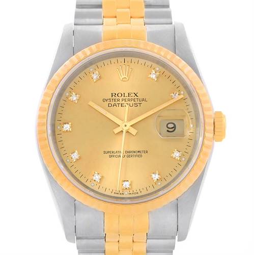 The image shows a frontal view of a Rolex Datejust 16233 Men's Steel and Gold (two tone) Champagne Dial 16233 Men's Steel and Gold (two tone) Champagne Dial watch with a two-tone bracelet and gold dial with diamond hour markers.