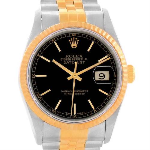 The image shows a frontal view of a Rolex Datejust 16233 Men's Steel and Gold (two tone) Black Dial 16233 Men's Steel and Gold (two tone) Black Dial watch with a black dial, gold fluted bezel, and two-tone bracelet.