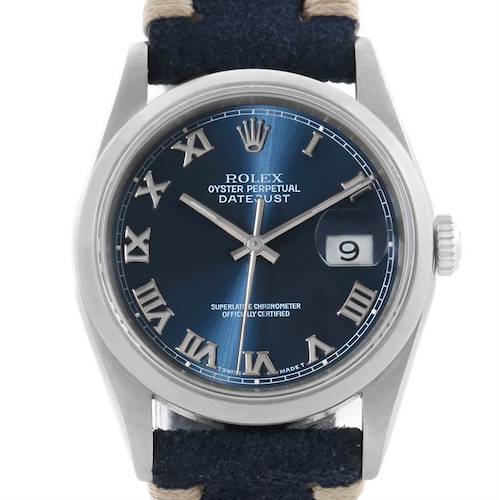 The image shows a front view of the Rolex Datejust 16200 Men's Stainless Steel Blue Dial 16200 Men's Stainless Steel Blue Dial watch, featuring its dial, hands, bezel, and part of the strap.