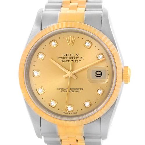 The image displays a front view of a Rolex Datejust 16233 Men's Steel and Gold (two tone) Champagne Dial 16233 Men's Steel and Gold (two tone) Champagne Dial watch with a gold dial, diamond hour markers, and a two-tone bracelet.