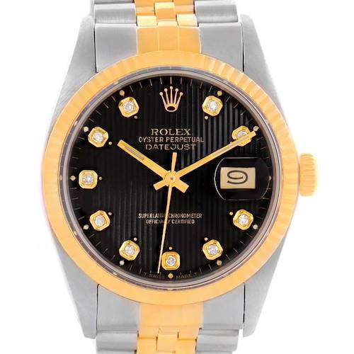 This image shows a front view of a Rolex Datejust 16013 Men's Stainless Steel Black Dial 16013 Men's Stainless Steel Black Dial watch, showcasing its black dial, diamond hour markers, and date window.