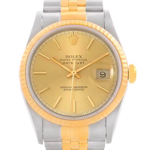This image shows a Rolex Datejust 16233 Men's Steel and Gold (two tone) Champagne Dial 16233 Men's Steel and Gold (two tone) Champagne Dial model watch from a frontal angle, displaying its dial, bezel, crown, and part of the bracelet.