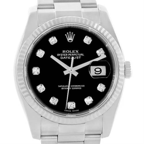 The image shows a front view of a Rolex Datejust 116234BKDO Men's Stainless Steel Silver Dial 116234BKDO Men's Stainless Steel Silver Dial watch, highlighting the dial, bezel, bracelet, and crown.