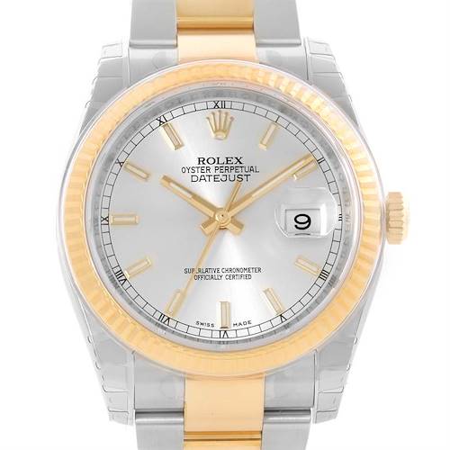 This image shows a frontal view of a Rolex Datejust 116233SSO Men's Stainless Steel Silver Dial 116233SSO Men's Stainless Steel Silver Dial watch, highlighting its dial, bezel, and part of the bracelet.