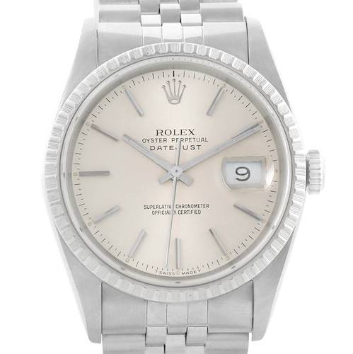 The image shows a frontal view of the Rolex Datejust 16220 Men's Stainless Steel Silver Dial 16220 Men's Stainless Steel Silver Dial watch, highlighting its dial, bezel, bracelet, and date window.
