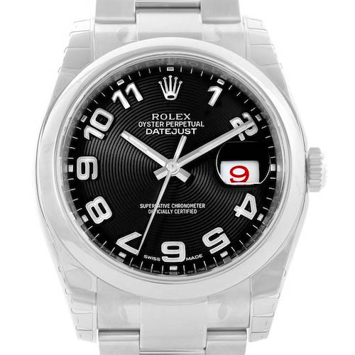 The image shows a frontal view of a Rolex Datejust 116200BKAO Men's Stainless Steel Black Dial 116200BKAO Men's Stainless Steel Black Dial watch, highlighting its dial, hands, crown, and bracelet.