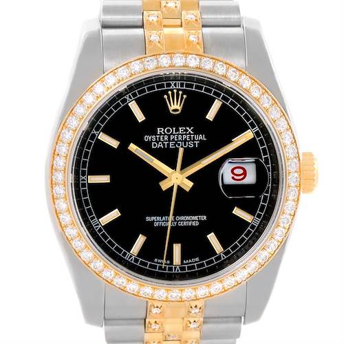 This image displays the front view of a Rolex Datejust 116243 Men's Stainless Steel Black Dial 116243 Men's Stainless Steel Black Dial, showcasing its black dial, gold bezel with diamonds, and metal bracelet.