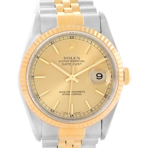 This image shows the front view of a Rolex Datejust 16233 Men's Steel and Gold (two tone) Champagne Dial 16233 Men's Steel and Gold (two tone) Champagne Dial watch, detailing the dial, bezel, and part of the bracelet.
