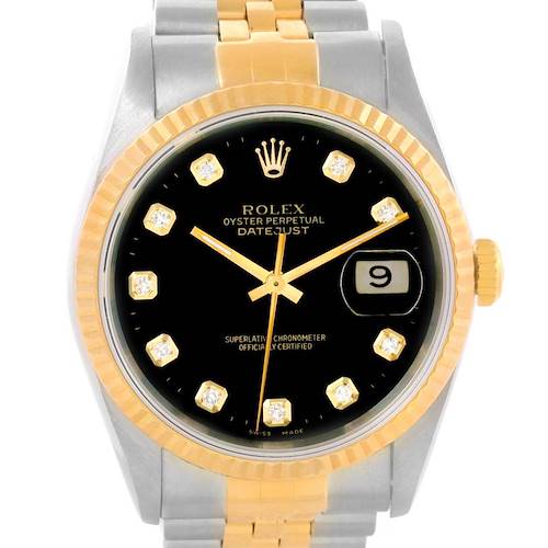 The image shows a frontal view of a Rolex Datejust 16233 Men's Steel and Gold (two tone) Black Dial 16233 Men's Steel and Gold (two tone) Black Dial watch, highlighting the dial, bezel, bracelet, and date window.