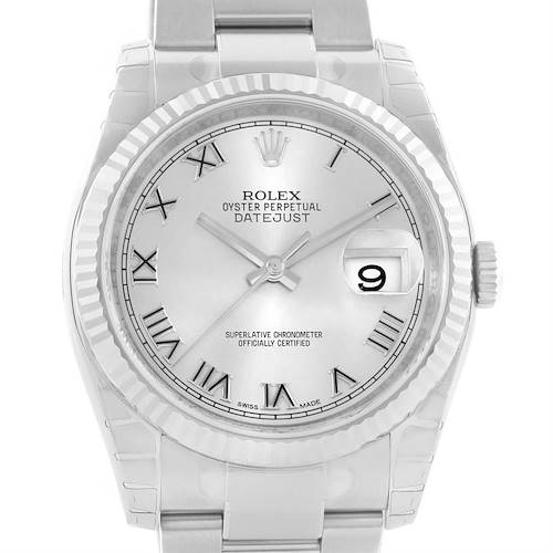 The image shows a front view of a Rolex Datejust 116234 Men's Stainless Steel Grey Dial 116234 Men's Stainless Steel Grey Dial watch, including the dial, bezel, and bracelet.