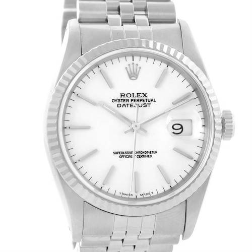 The image shows a frontal view of a Rolex Datejust 16234 Men's Stainless Steel White Dial 16234 Men's Stainless Steel White Dial watch, displaying its dial, hands, bezel, and part of the bracelet.