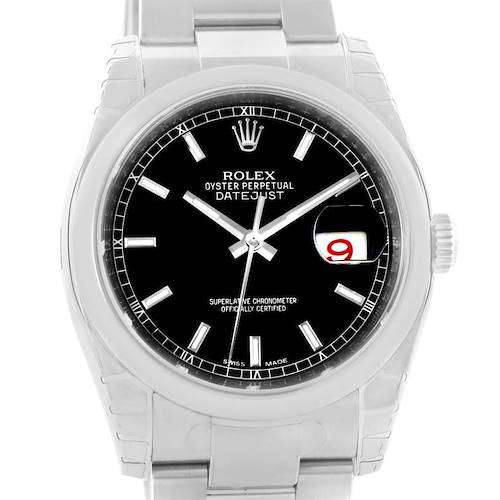 This image shows a front view of a Rolex Datejust 116200BKSO Men's Stainless Steel Black Dial 116200BKSO Men's Stainless Steel Black Dial watch displaying its bracelet, dial, hands, and date window.