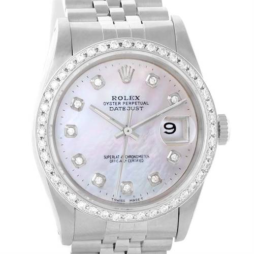 The image shows a front view of a Rolex Datejust 16234 Men's Stainless Steel Mother of Pearl Dial 16234 Men's Stainless Steel Mother of Pearl Dial watch, highlighting the dial, bezel, crown, and part of the bracelet.
