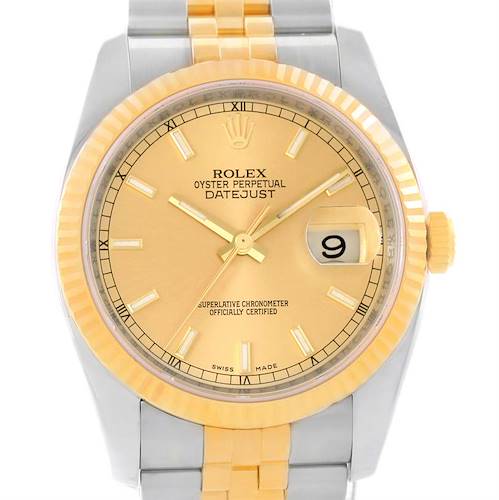 This is a front view of a Rolex Datejust 116233-CSJ Men's Stainless Steel Champagne Dial 116233-CSJ Men's Stainless Steel Champagne Dial watch, showing the dial, hands, date window, and part of the bracelet.