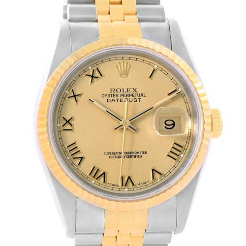 The image shows a front view of a Rolex Datejust 16233 Men's Steel and Gold (two tone) Champagne Dial 16233 Men's Steel and Gold (two tone) Champagne Dial watch, displaying the dial, bezel, and part of the bracelet.