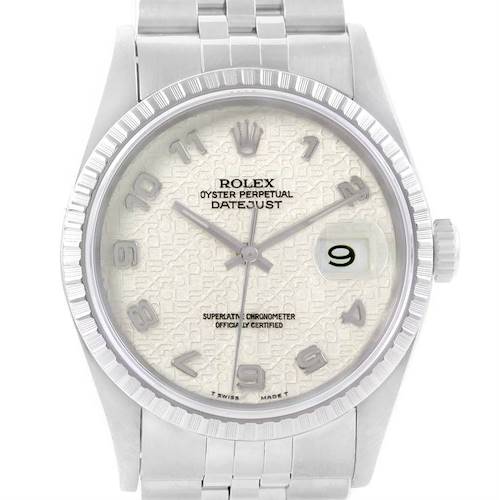 This image shows a front angle of a Rolex Datejust 16220 Men's Stainless Steel Beige Dial 16220 Men's Stainless Steel Beige Dial watch, highlighting its dial, bezel, hands, and bracelet.