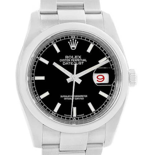 The Rolex Datejust 116200 Men's Stainless Steel Black Dial 116200 Men's Stainless Steel Black Dial watch is shown from a front angle, displaying its black dial, date window, and stainless steel bracelet.