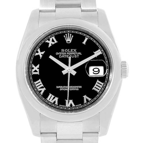 The image shows a front view of the Rolex Datejust 116200 Men's Stainless Steel Black Dial 116200 Men's Stainless Steel Black Dial watch, displaying the dial, hands, bezel, crown, and bracelet.