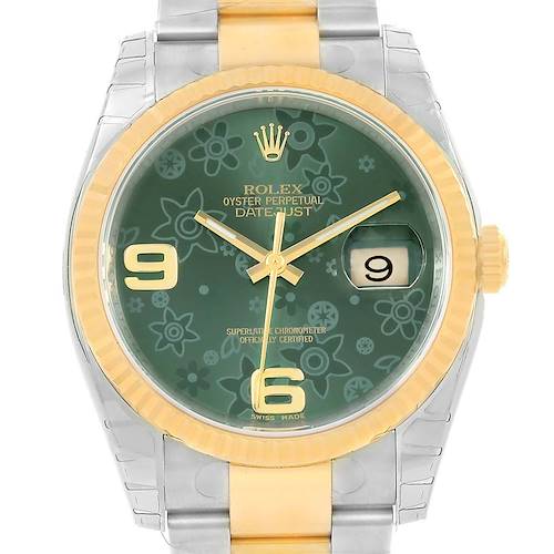 This image shows a front view of a Rolex Datejust 116233 Men's Stainless Steel Green Dial 116233 Men's Stainless Steel Green Dial watch, highlighting the dial, bezel, and part of the bracelet.