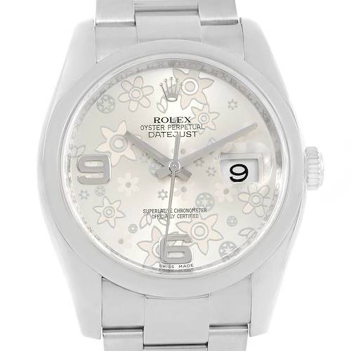 The image shows a Rolex Datejust 116200 Men's Stainless Steel Silver Dial 116200 Men's Stainless Steel Silver Dial watch from a top-down angle, highlighting its floral-pattern dial and date window.