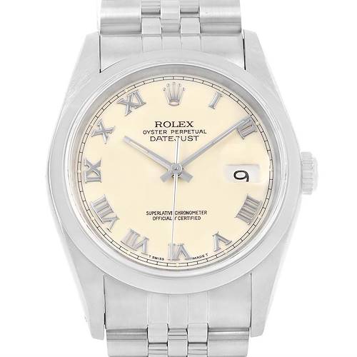 The image shows a front view of a Rolex Datejust 16200 Men's Stainless Steel Beige Dial 16200 Men's Stainless Steel Beige Dial watch, featuring its cream dial, Roman numerals, date window, and stainless steel bracelet.