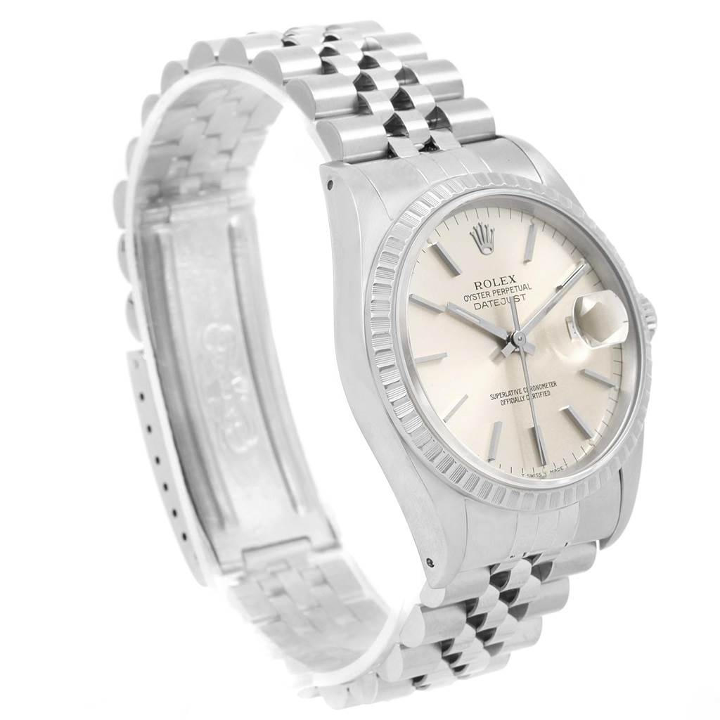 The image shows a Rolex Datejust 16220 Men's Stainless Steel Silver Dial 16220 Men's Stainless Steel Silver Dial watch at a side angle, highlighting the face, fluted bezel, and Jubilee bracelet.