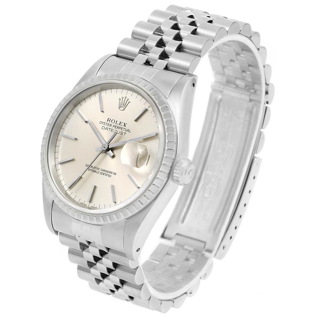 This image shows a Rolex Datejust 16220 Men's Stainless Steel Silver Dial 16220 Men's Stainless Steel Silver Dial watch at an angled view, highlighting the face, bezel, crown, and bracelet.