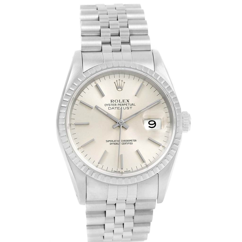 The image shows a front view of a Rolex Datejust 16220 Men's Stainless Steel Silver Dial 16220 Men's Stainless Steel Silver Dial watch, displaying its dial, hands, date window, and metal bracelet.