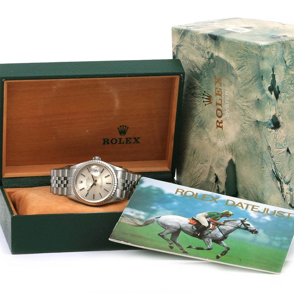 The image shows a Rolex Datejust 16220 Men's Stainless Steel Silver Dial 16220 Men's Stainless Steel Silver Dial watch with its original box and manual booklet, viewed from the front.