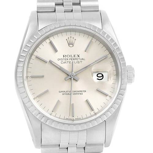 The image shows a front view of a Rolex Datejust 16220 Men's Stainless Steel Silver Dial 16220 Men's Stainless Steel Silver Dial watch, highlighting the face, hour markers, hands, date window, and bracelet.
