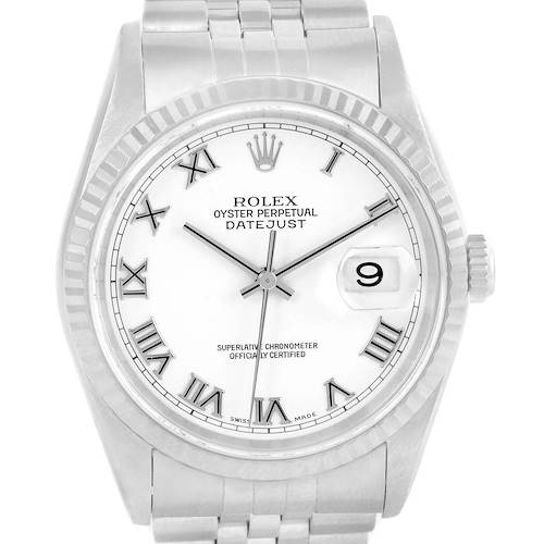 This image shows a front view of the Rolex Datejust 16234 Men's Stainless Steel White Dial 16234 Men's Stainless Steel White Dial watch, highlighting its white dial, Roman numerals, and date window.