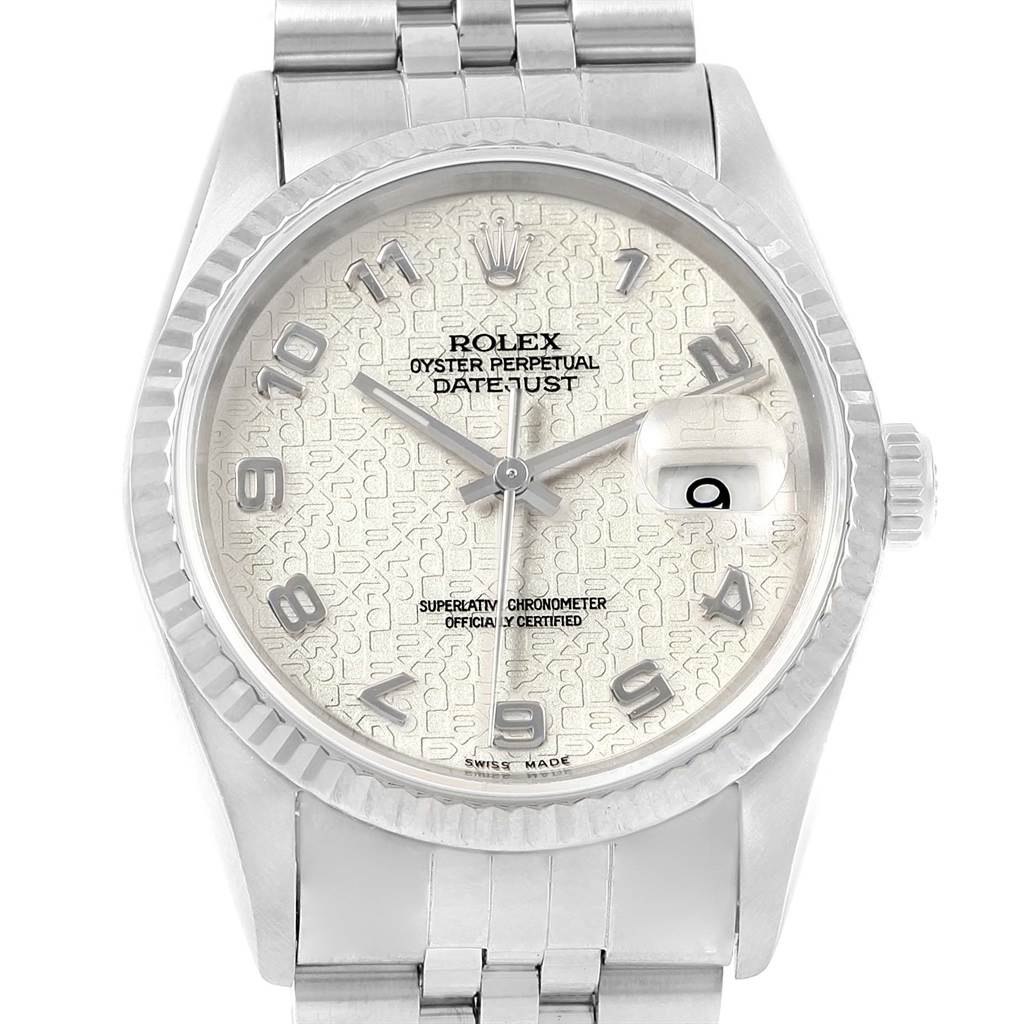 This Rolex Datejust 16234 Men's Stainless Steel Beige Dial 16234 Men's Stainless Steel Beige Dial watch is shown from a frontal angle, displaying its face, bezel, and part of the bracelet.