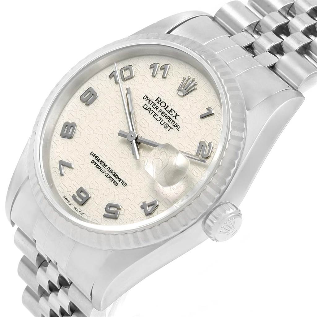 The image shows a close-up of the Rolex Datejust 16234 Men's Stainless Steel Beige Dial 16234 Men's Stainless Steel Beige Dial watch, including the dial, bezel, crown, and part of the bracelet.