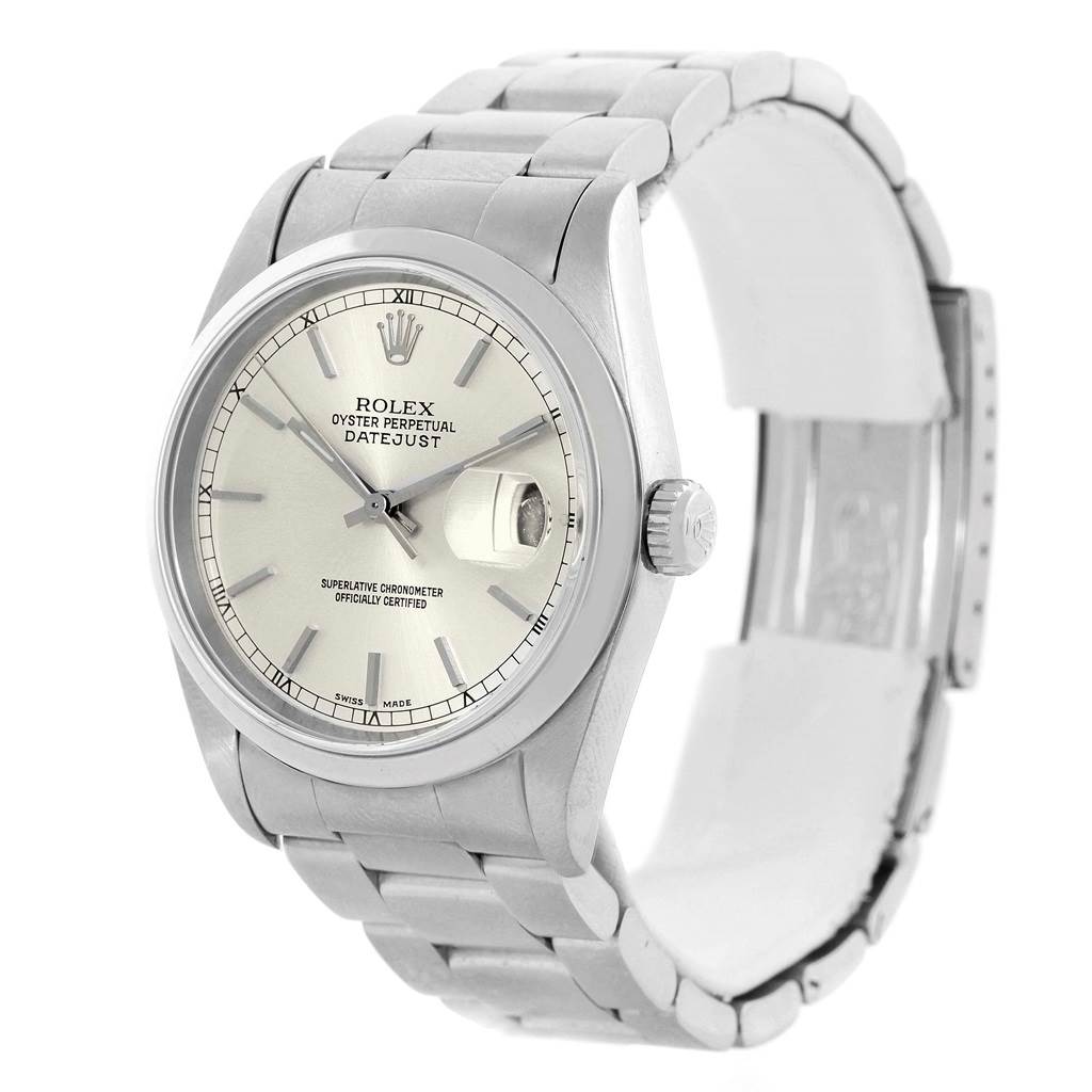 This Rolex Datejust 16200 Men's Stainless Steel Silver Dial 16200 Men's Stainless Steel Silver Dial watch is shown at a three-quarter angle, highlighting the dial, bezel, and stainless steel bracelet.