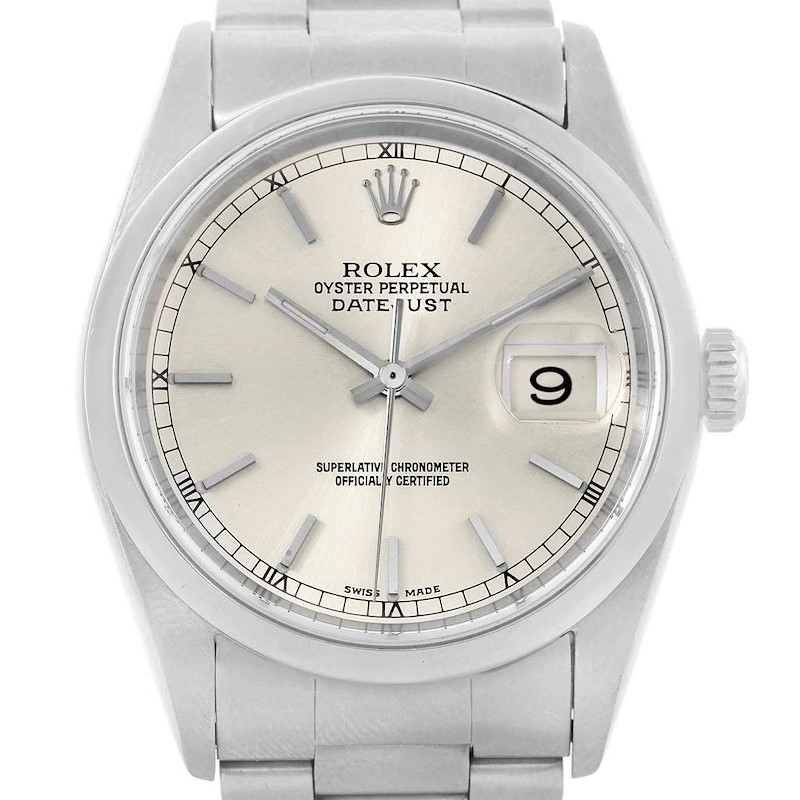 This is a head-on view of a Rolex Datejust 16200 Men's Stainless Steel Silver Dial 16200 Men's Stainless Steel Silver Dial watch showing the face, dial, crown, and part of the bracelet.