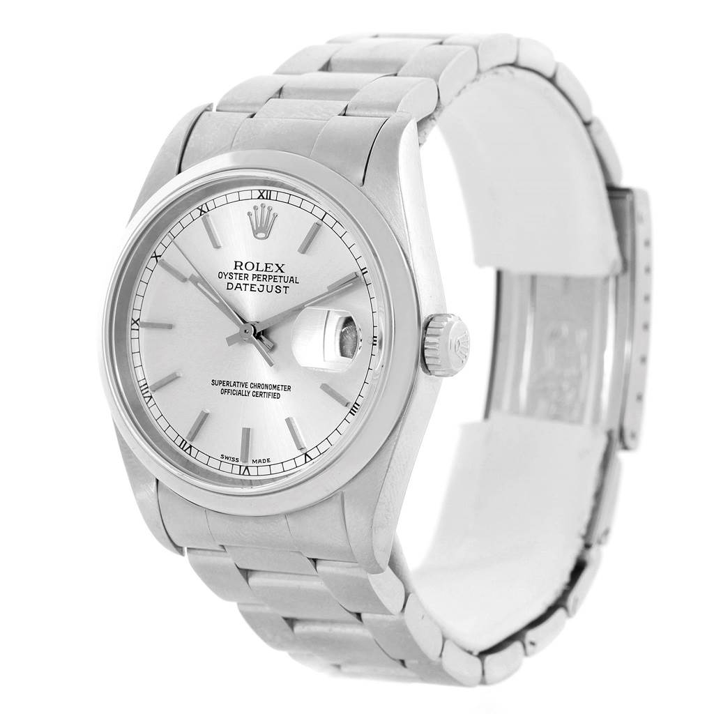 The image shows a Rolex Datejust 16200 Men's Stainless Steel Silver Dial 16200 Men's Stainless Steel Silver Dial watch angled slightly from the front and side, highlighting the face, crown, and bracelet.