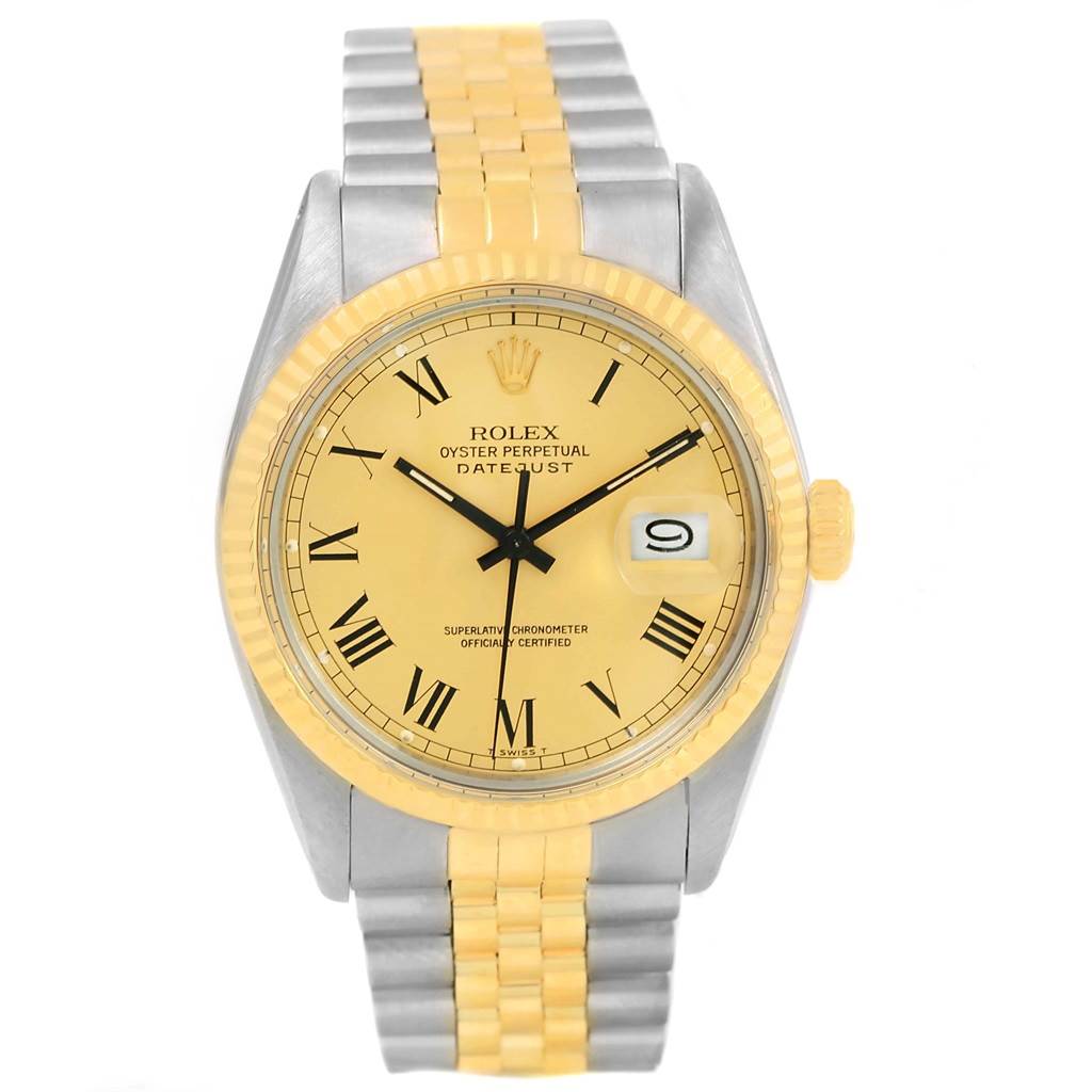 This image shows a Rolex Datejust 16013 Men's Stainless Steel Champagne Dial 16013 Men's Stainless Steel Champagne Dial watch from a front angle, displaying the dial, bezel, bracelet, and date.