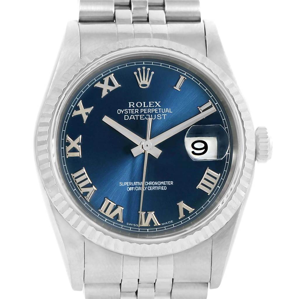 The image shows a Rolex Datejust 16234 Men's Stainless Steel Blue Dial 16234 Men's Stainless Steel Blue Dial watch from a front angle, highlighting the blue dial, Roman numerals, date window, and part of the bracelet.