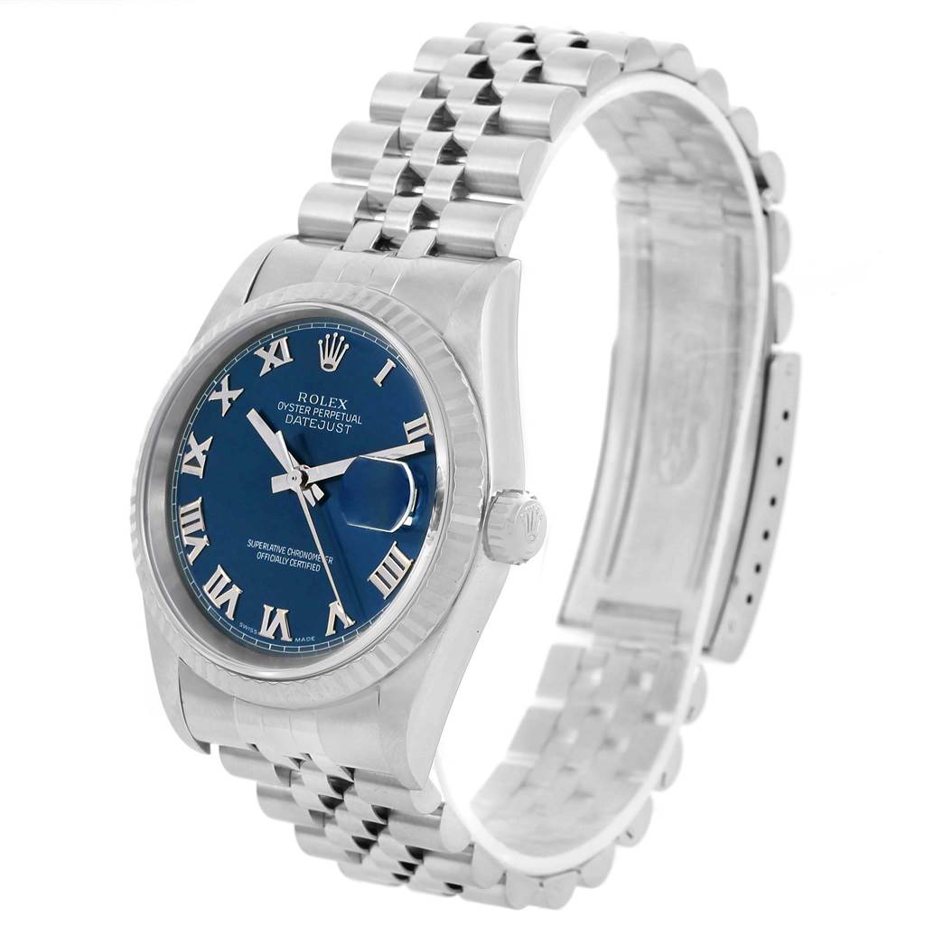 This image shows a Rolex Datejust 16234 Men's Stainless Steel Blue Dial 16234 Men's Stainless Steel Blue Dial watch at a slight angle, highlighting its blue dial, Jubilee bracelet, and fluted bezel.
