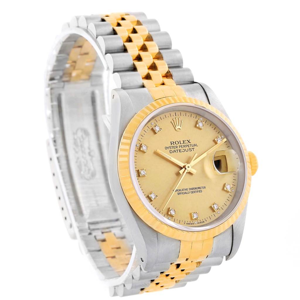 This image shows the Rolex Datejust 16013 Men's Stainless Steel Champagne Dial 16013 Men's Stainless Steel Champagne Dial watch at a three-quarter angle, highlighting the dial, bezel, and bracelet.