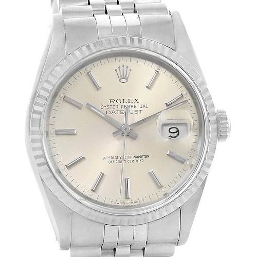 This image shows a close-up front view of a Rolex Datejust 16234 Men's Stainless Steel Silver Dial 16234 Men's Stainless Steel Silver Dial watch, highlighting its dial, bezel, and part of its bracelet.